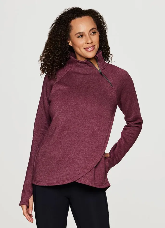Women Prime Ready To Roll Fleece Zip Mock Neck Pullover Berry RBX Active Long Sleeve