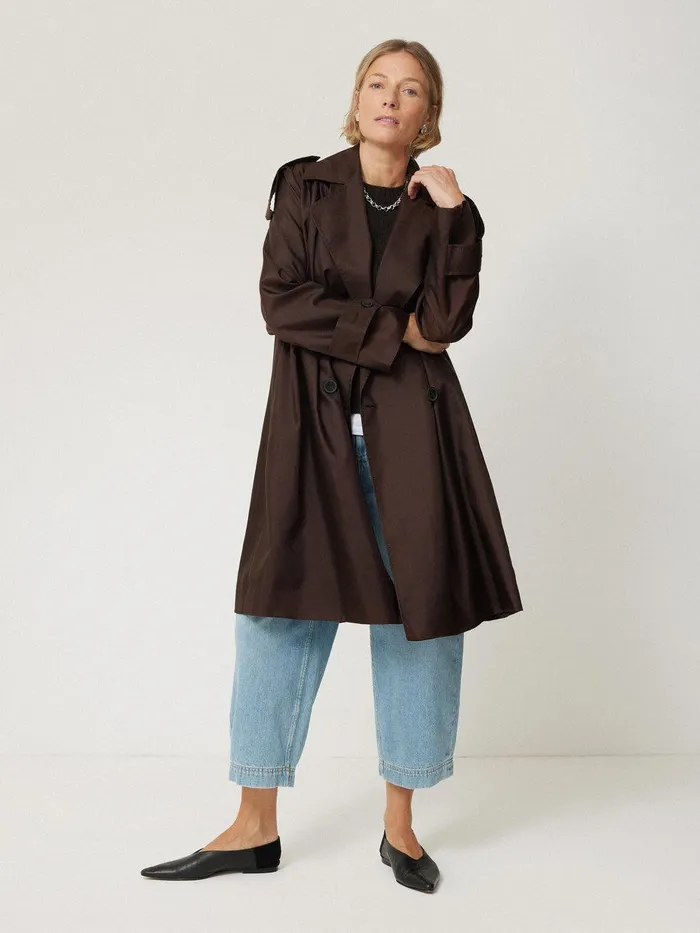 Women Pure Silk Trench Coat Chocolate Jigsaw Party