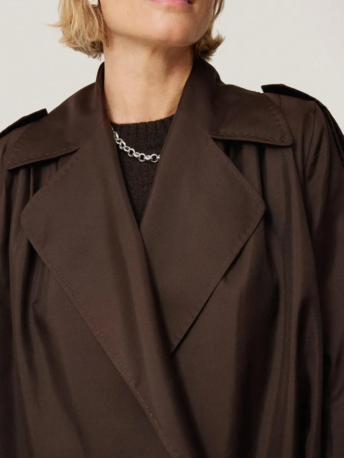 Women Pure Silk Trench Coat Chocolate Jigsaw Party