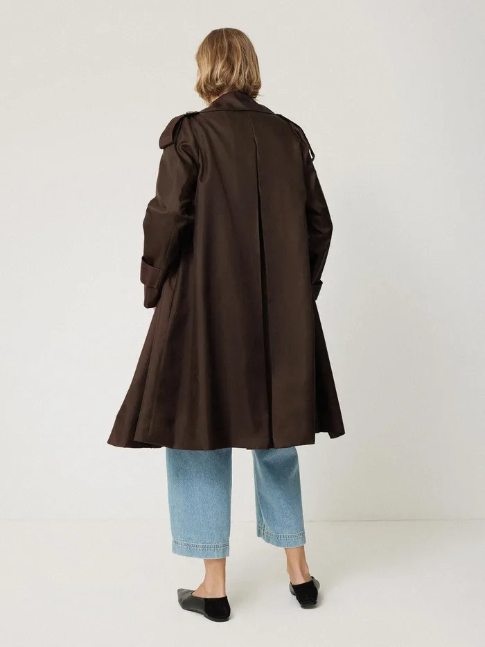 Women Pure Silk Trench Coat Chocolate Jigsaw Party