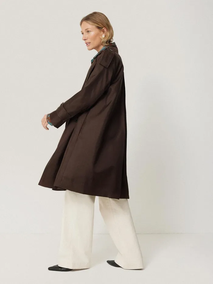 Women Pure Silk Trench Coat Chocolate Jigsaw Party