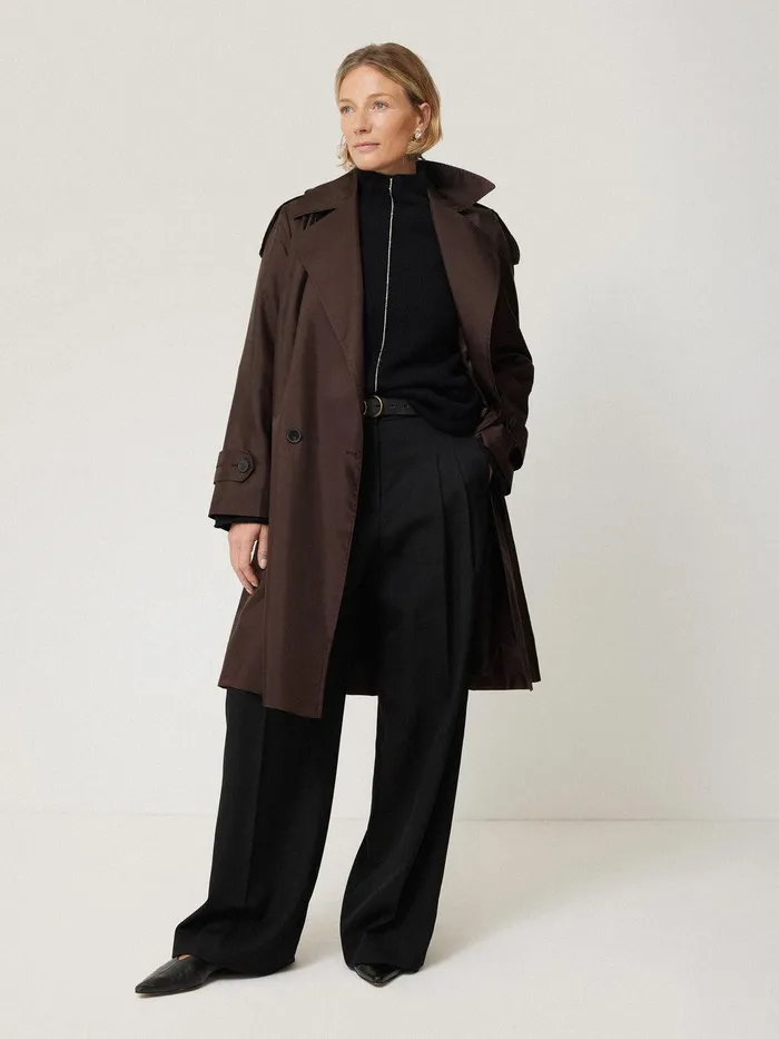 Women Pure Silk Trench Coat Chocolate Jigsaw Party