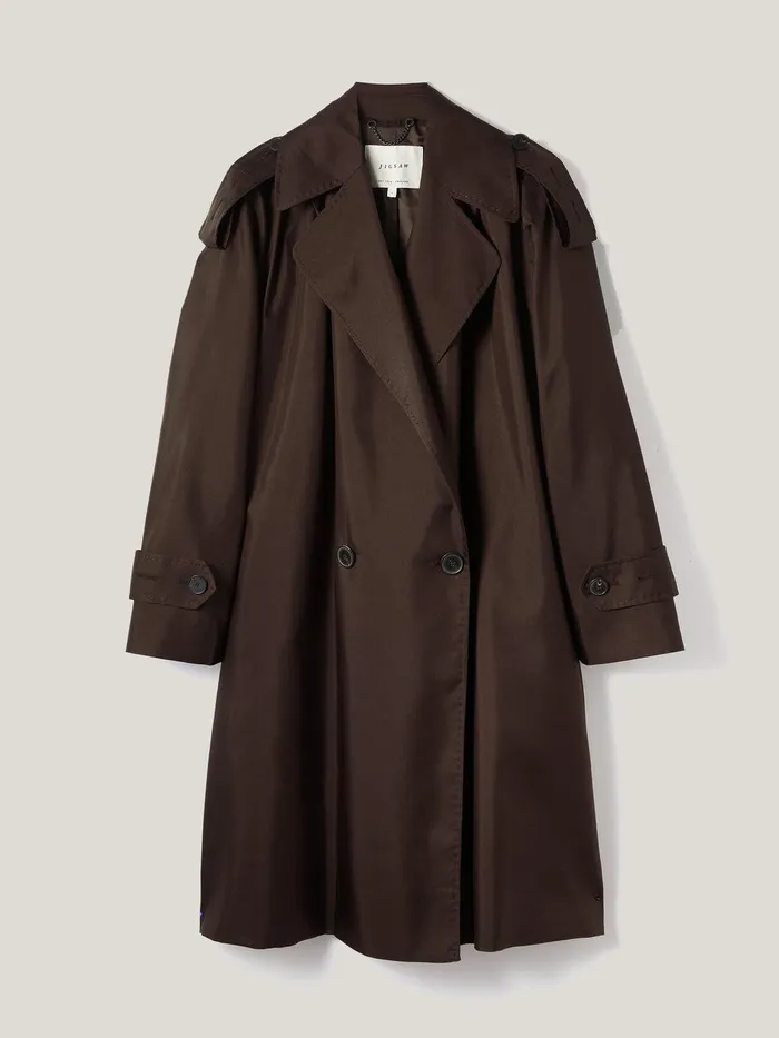 Women Pure Silk Trench Coat Chocolate Jigsaw Party