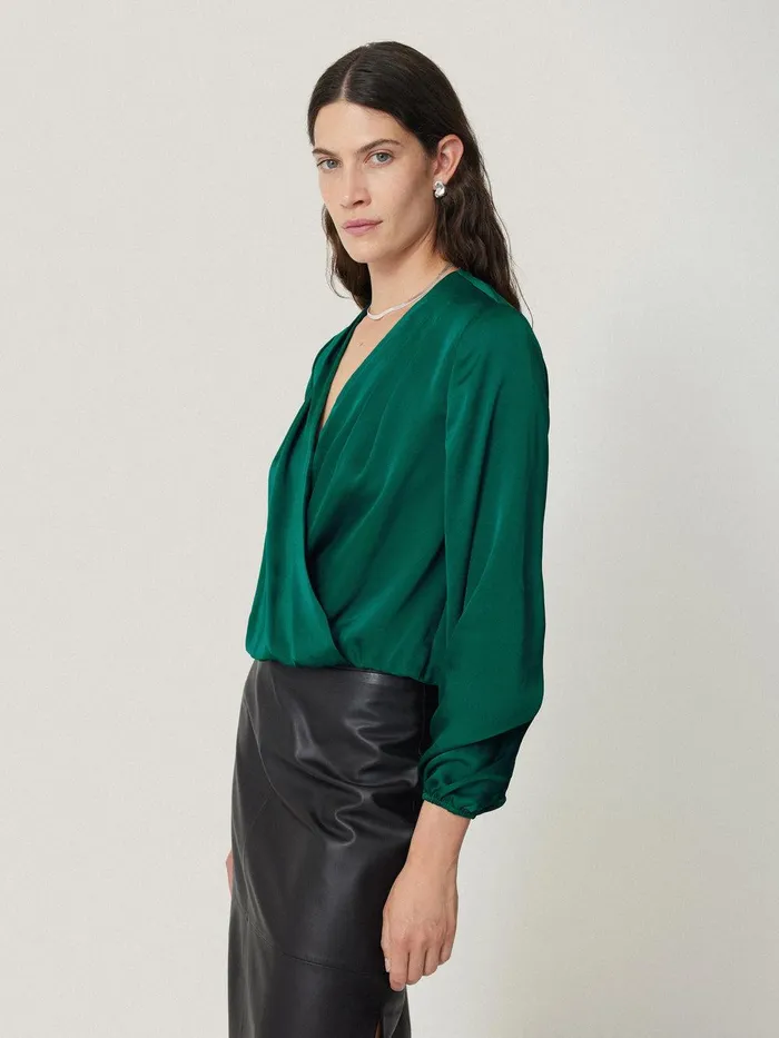 Women Recycled Satin Drape Wrap Top Green Jigsaw Shirts and Tops
