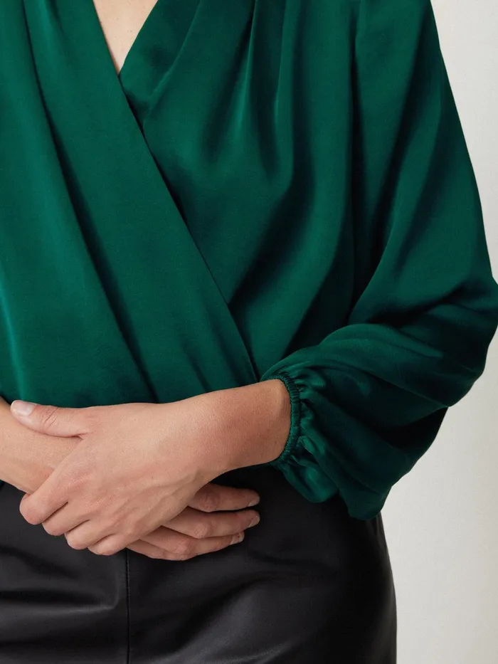 Women Recycled Satin Drape Wrap Top Green Jigsaw Shirts and Tops