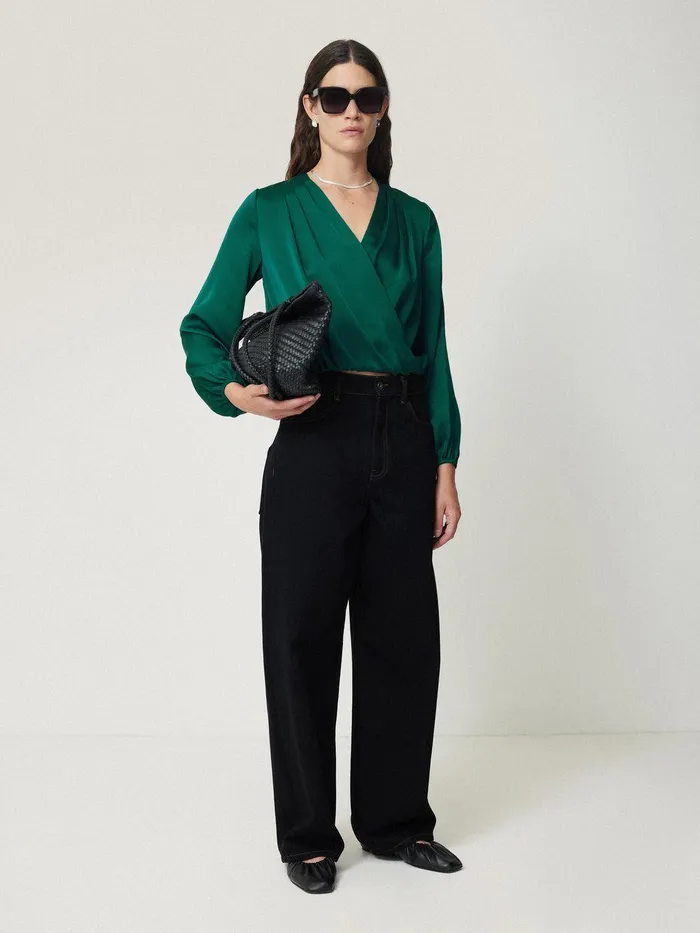 Women Recycled Satin Drape Wrap Top Green Jigsaw Shirts and Tops