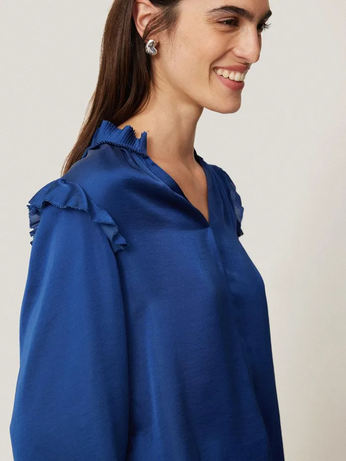 Women Recycled Satin Ruffle Top Blue Jigsaw Shirts and Tops