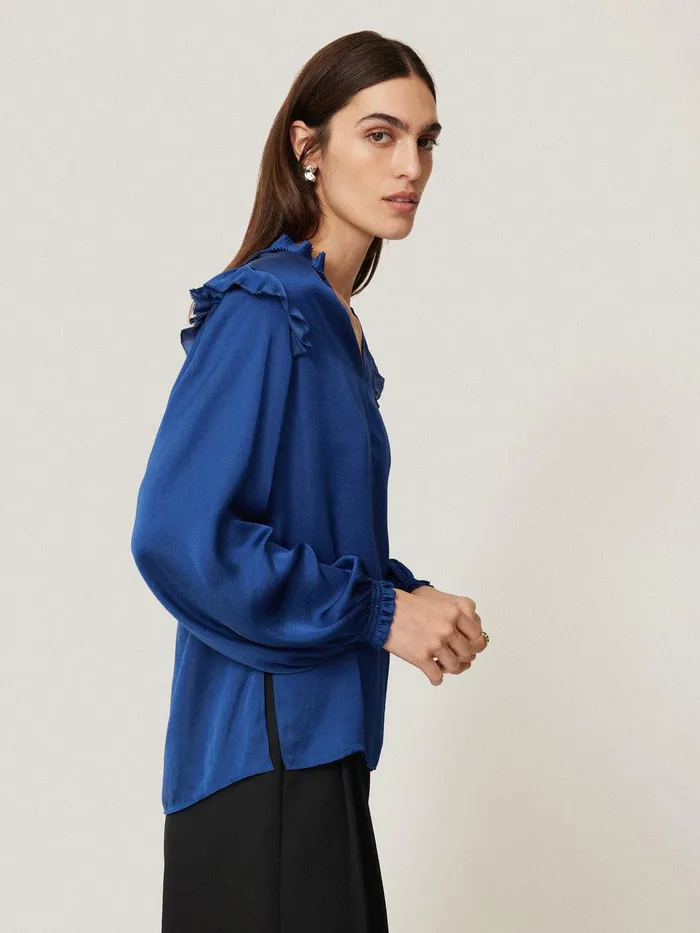 Women Recycled Satin Ruffle Top Blue Jigsaw Shirts and Tops