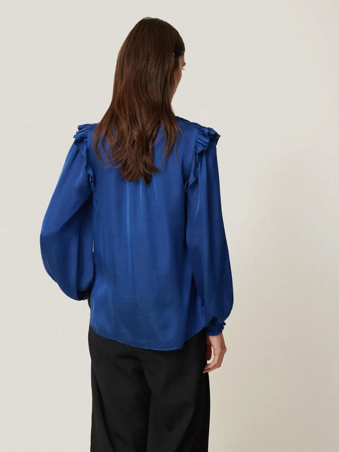 Women Recycled Satin Ruffle Top Blue Jigsaw Shirts and Tops