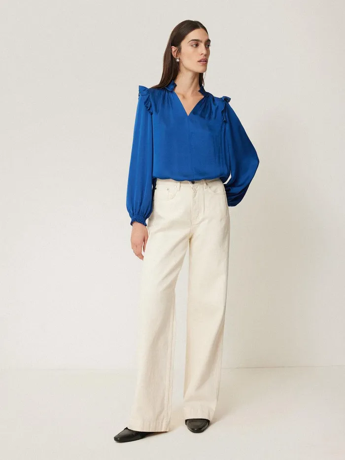 Women Recycled Satin Ruffle Top Blue Jigsaw Shirts and Tops