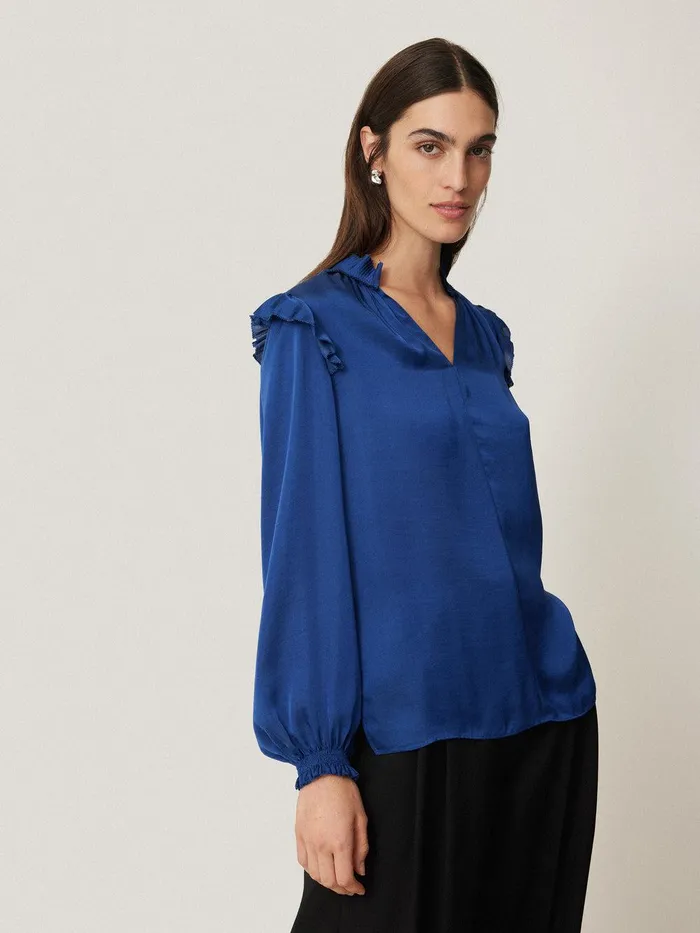 Women Recycled Satin Ruffle Top Blue Jigsaw Shirts and Tops