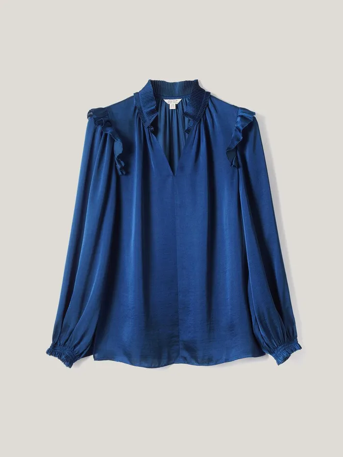 Women Recycled Satin Ruffle Top Blue Jigsaw Shirts and Tops