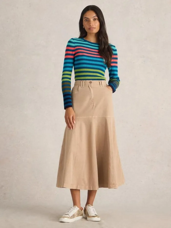 Women RIB STRIPED CREW NECK JUMPER Blue Multi White Stuff Knitwear