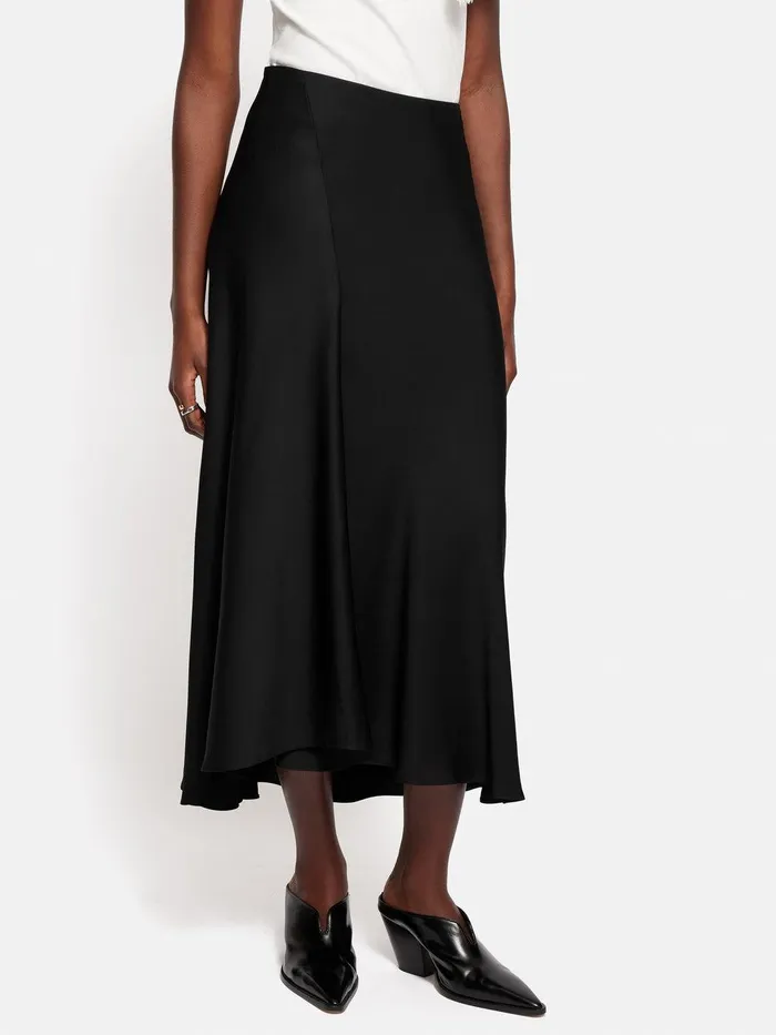 Women Satin Bias Asymmetric Skirt Black Jigsaw Skirts