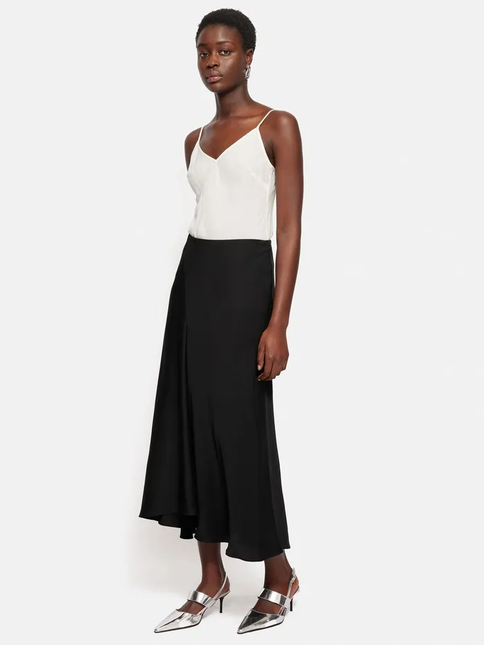 Women Satin Bias Asymmetric Skirt Black Jigsaw Skirts