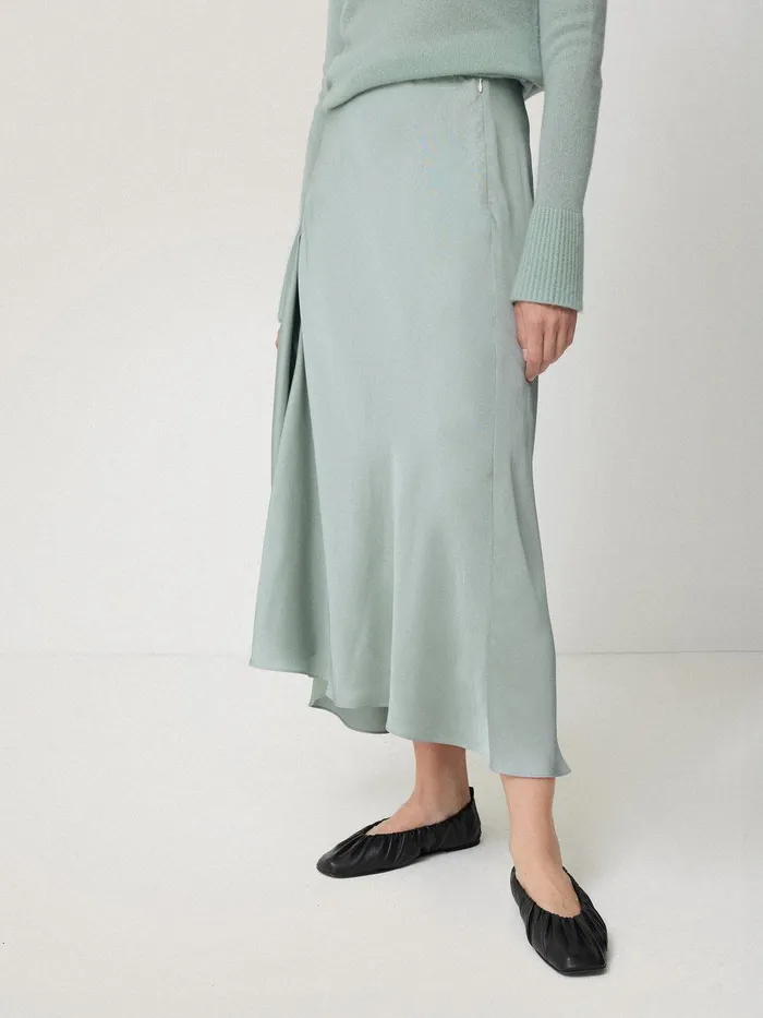 Women Satin Bias Asymmetric Skirt Blue Jigsaw Skirts