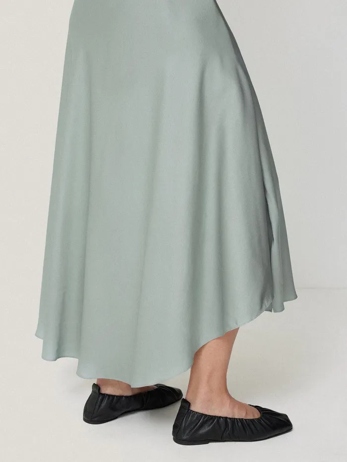 Women Satin Bias Asymmetric Skirt Blue Jigsaw Skirts