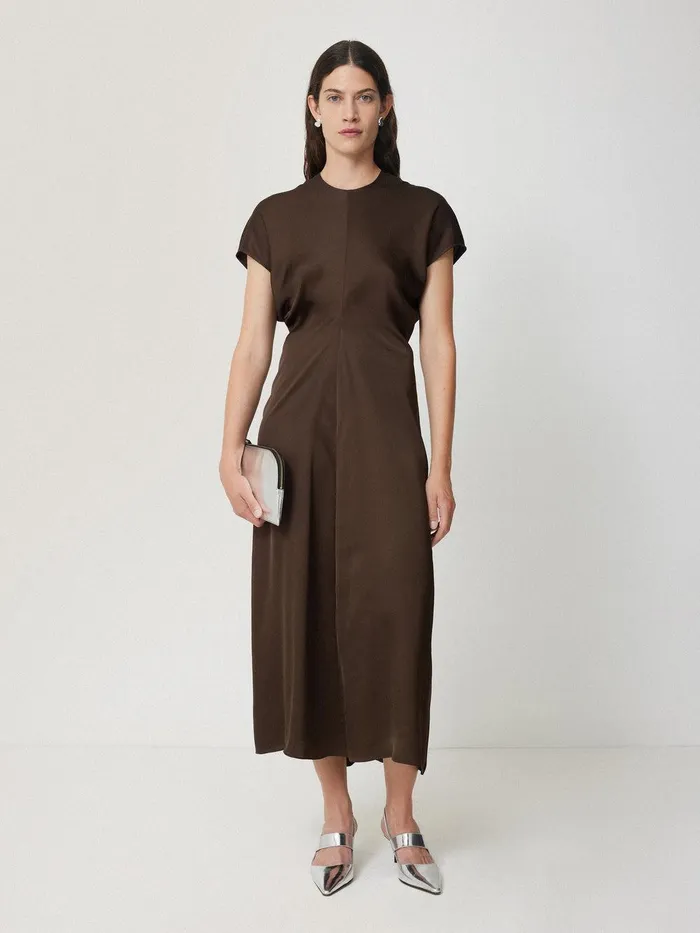 Women Satin Crepe Midi Dress Brown Jigsaw Party