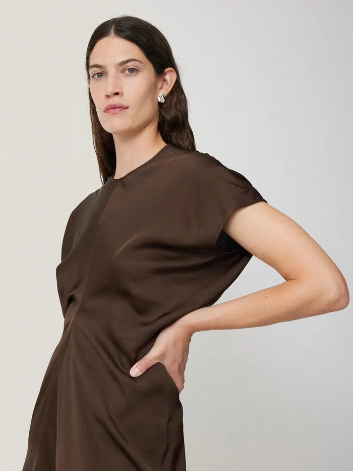 Women Satin Crepe Midi Dress Brown Jigsaw Party