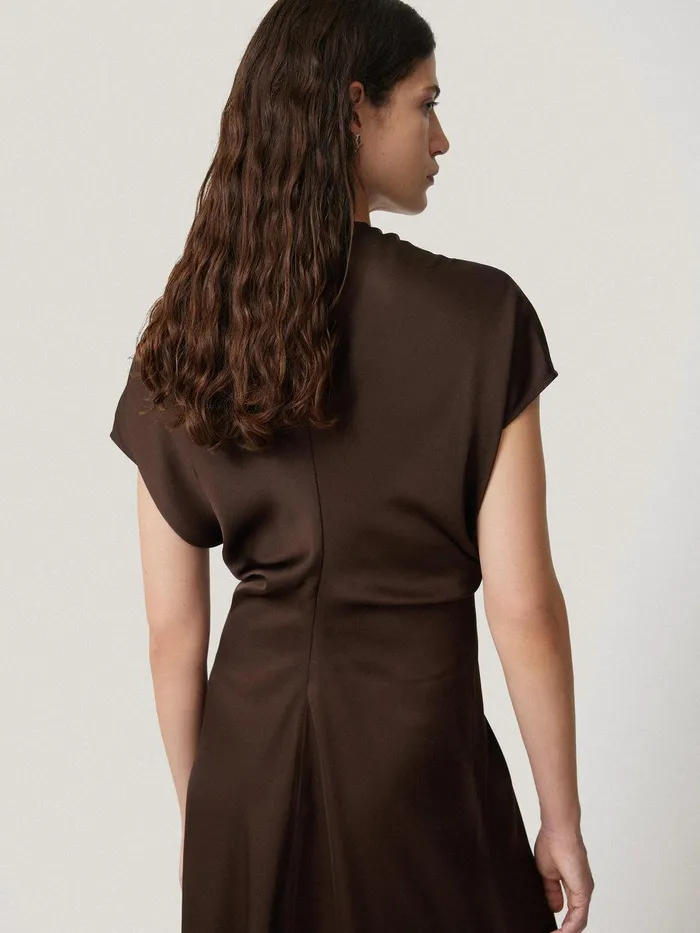 Women Satin Crepe Midi Dress Brown Jigsaw Party