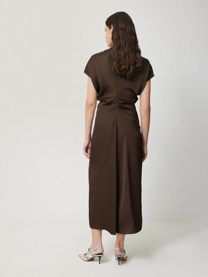 Women Satin Crepe Midi Dress Brown Jigsaw Party