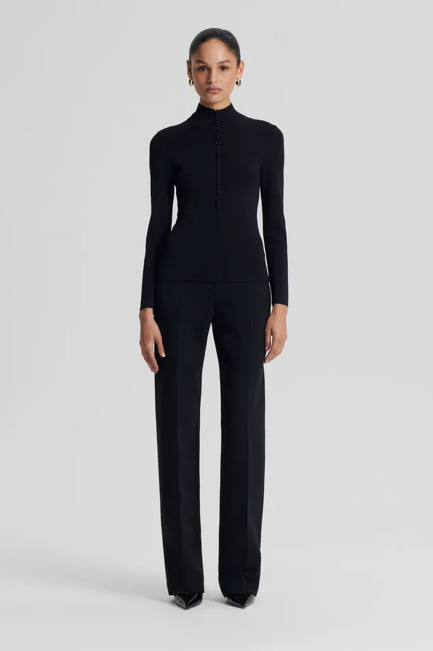 Women Scanlan Theodore CREPE KNIT BUTTON POLO SWEATER BLACK Tops