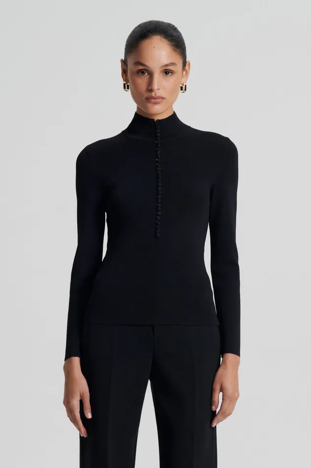 Women Scanlan Theodore CREPE KNIT BUTTON POLO SWEATER BLACK Tops