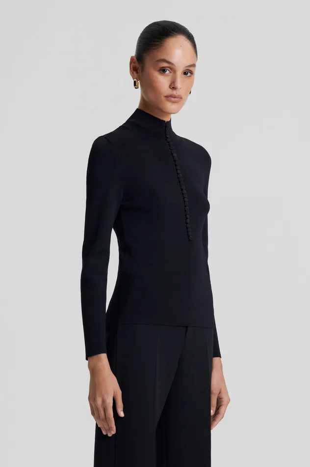 Women Scanlan Theodore CREPE KNIT BUTTON POLO SWEATER BLACK Tops