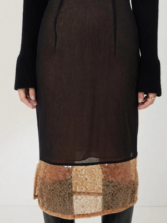 Women Sequin Mesh Skirt Black Jigsaw Party