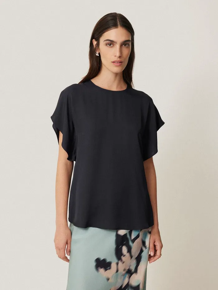 Women Silk Drape Sleeve Top Navy Jigsaw Party