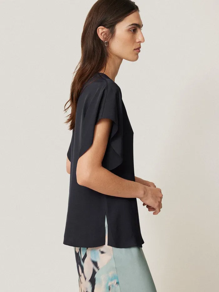 Women Silk Drape Sleeve Top Navy Jigsaw Party