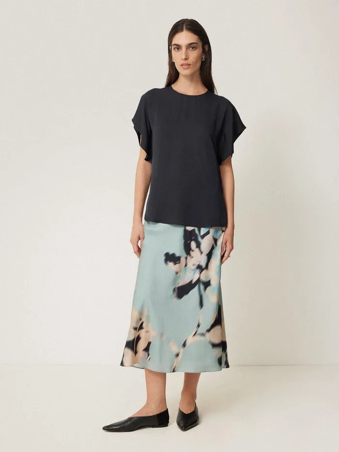 Women Silk Drape Sleeve Top Navy Jigsaw Party