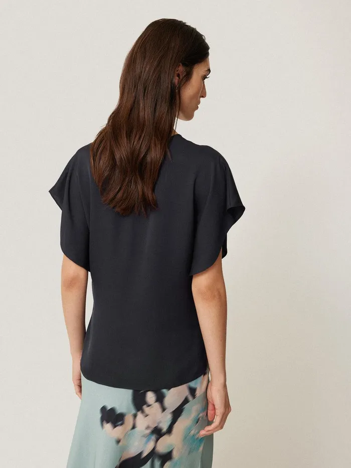 Women Silk Drape Sleeve Top Navy Jigsaw Party