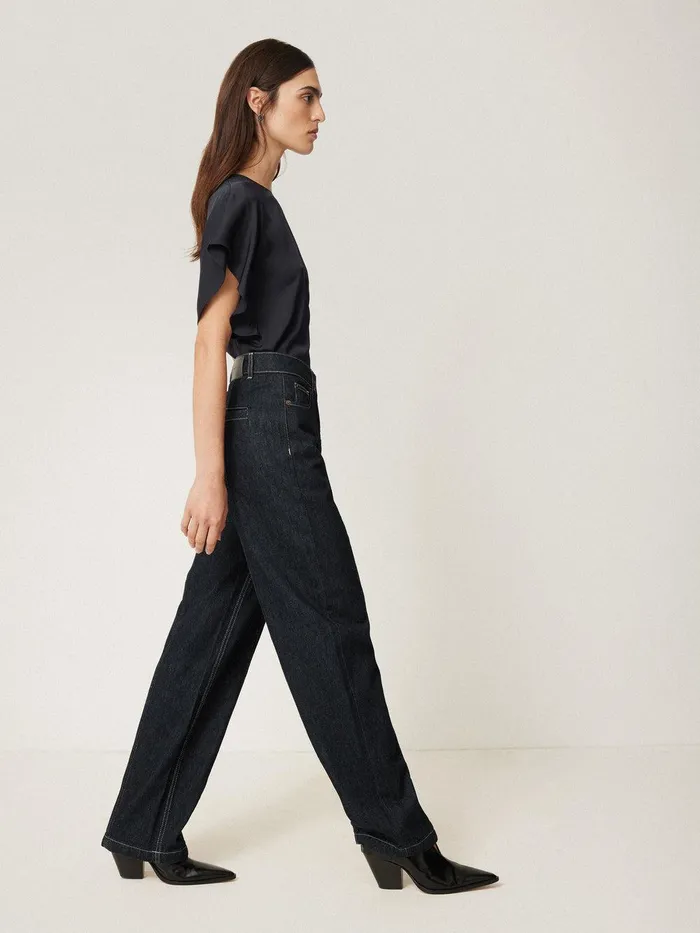 Women Silk Drape Sleeve Top Navy Jigsaw Party