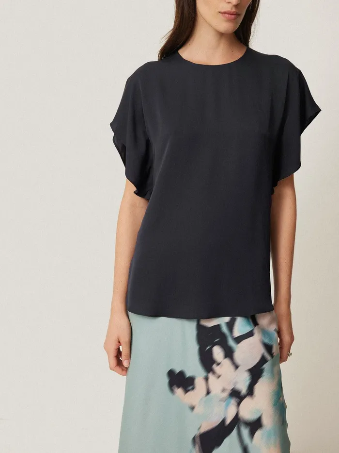 Women Silk Drape Sleeve Top Navy Jigsaw Party