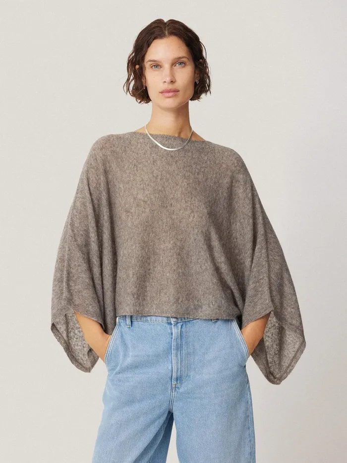 Women Soft Gauzy Knit Poncho Jumper Taupe Jigsaw Coords