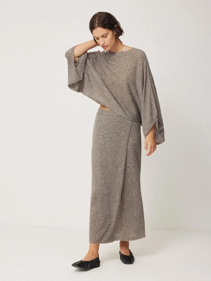 Women Soft Gauzy Knit Poncho Jumper Taupe Jigsaw Coords