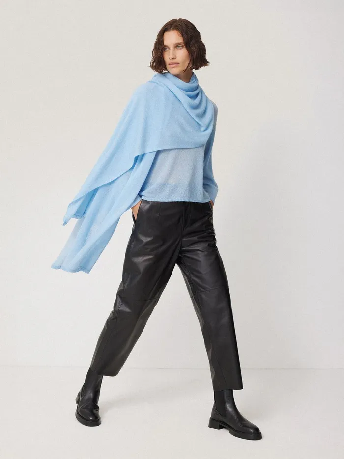 Women Soft Gauzy Knit Scarf Blue Jigsaw Ponchos and Scarves