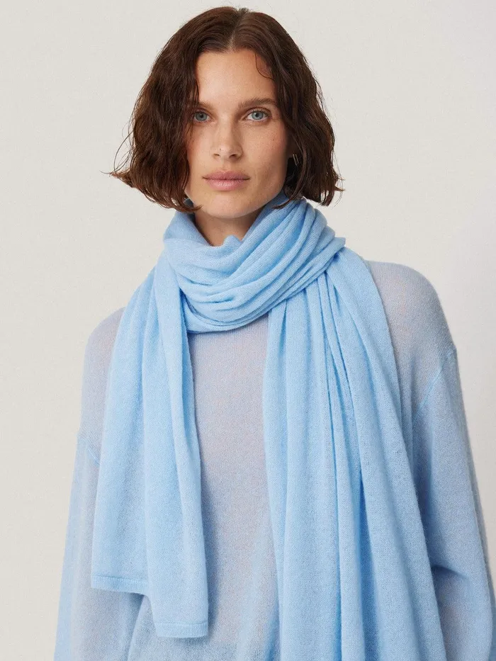 Women Soft Gauzy Knit Scarf Blue Jigsaw Ponchos and Scarves