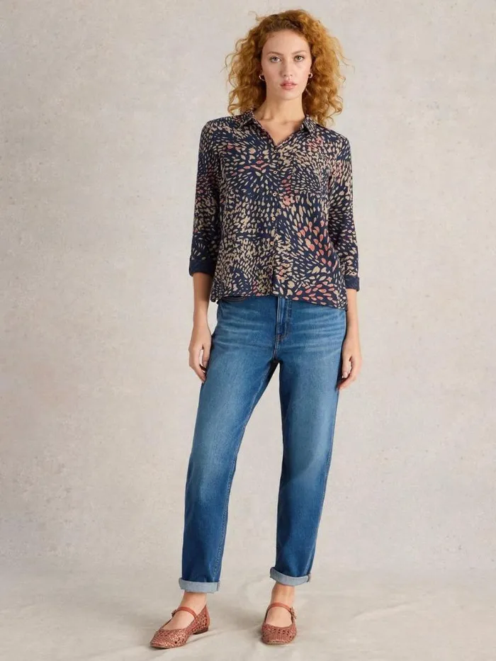 Women Sophie Organic Cotton Long Sleeve Shirt Navy Print White Stuff Shirts and Blouses