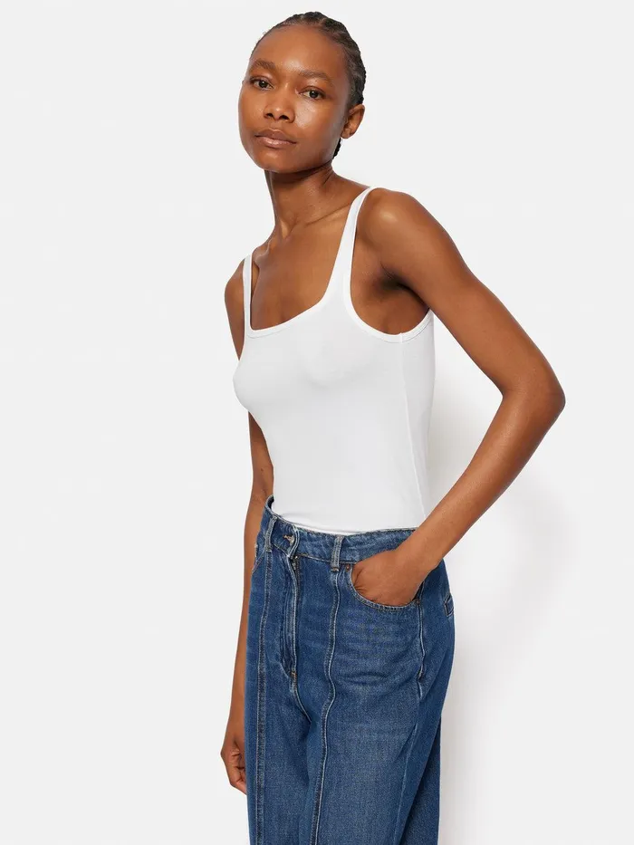 Women Square Neck Layering Tank White Jigsaw Shirts and Tops