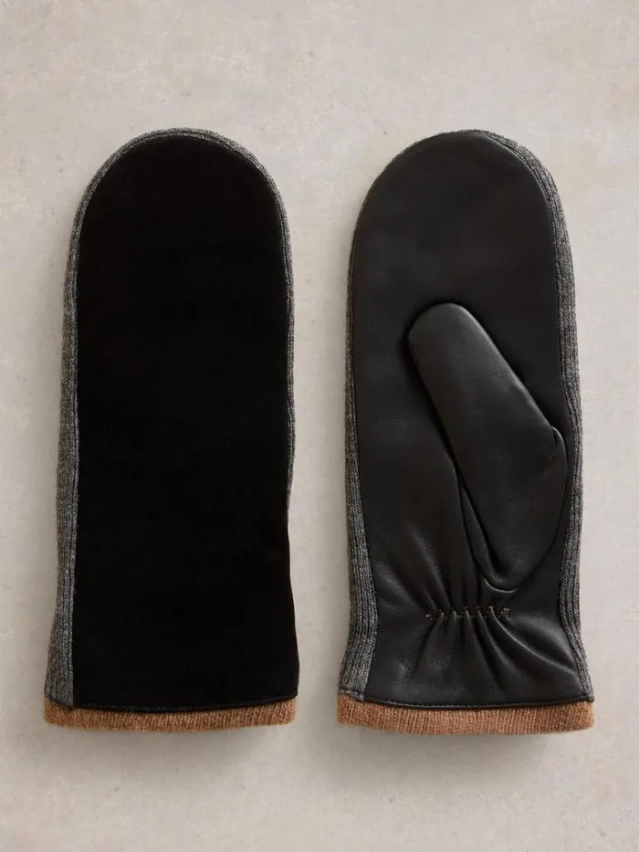 Women Suede Knitted Mitten Pure Black White Stuff Hats and Gloves
