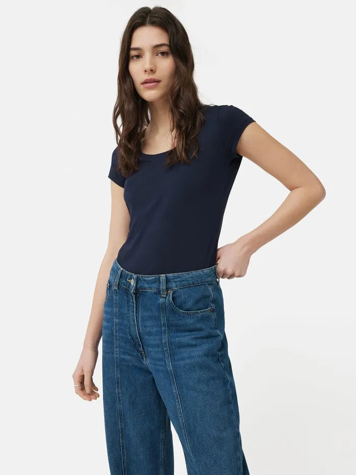 Women Supima Cotton Scoop Neck Tee Navy Jigsaw Shirts and Tops