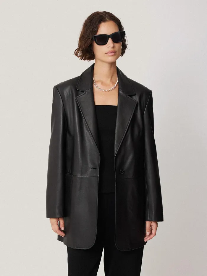 Women Tailored Leather Blazer Black Jigsaw Coats and Jackets