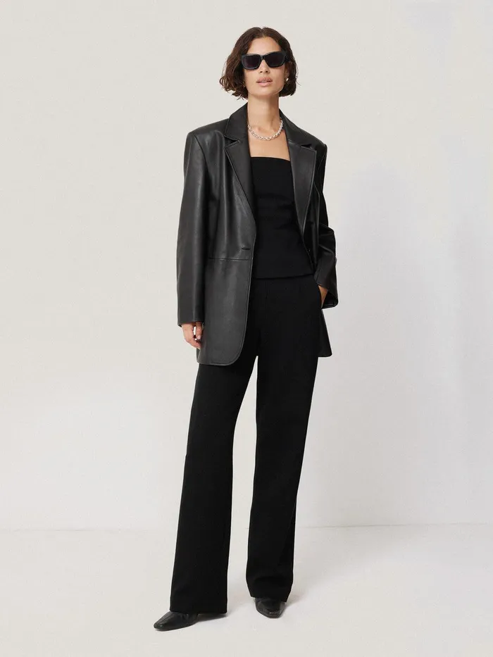 Women Tailored Leather Blazer Black Jigsaw Coats and Jackets