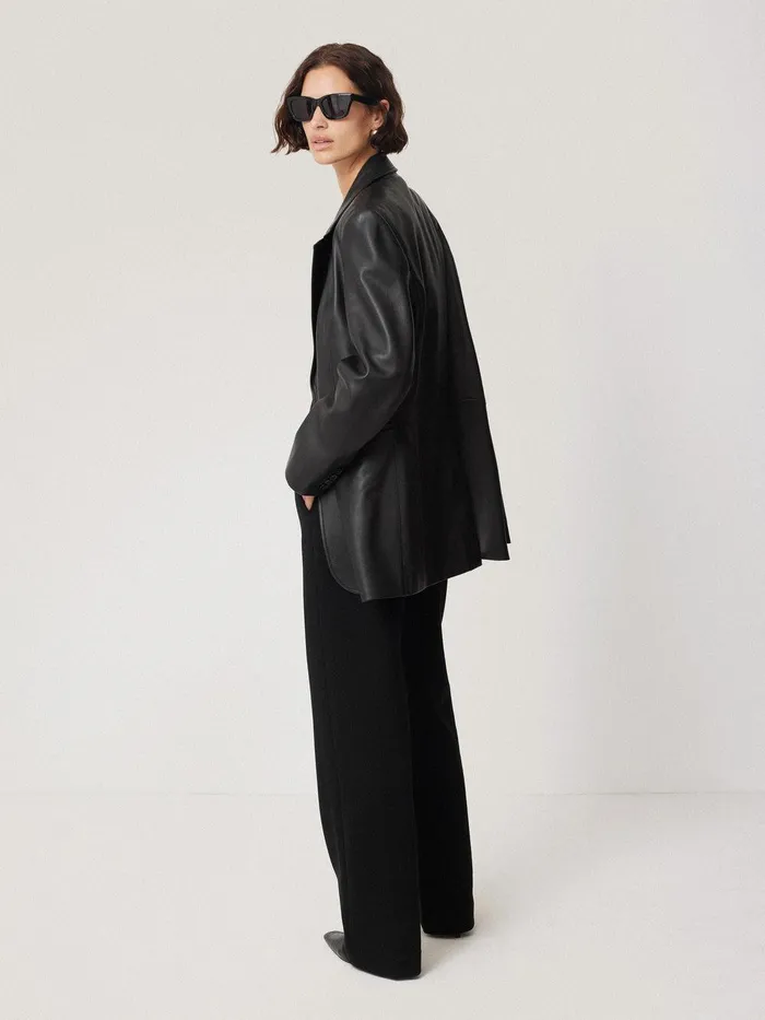 Women Tailored Leather Blazer Black Jigsaw Coats and Jackets
