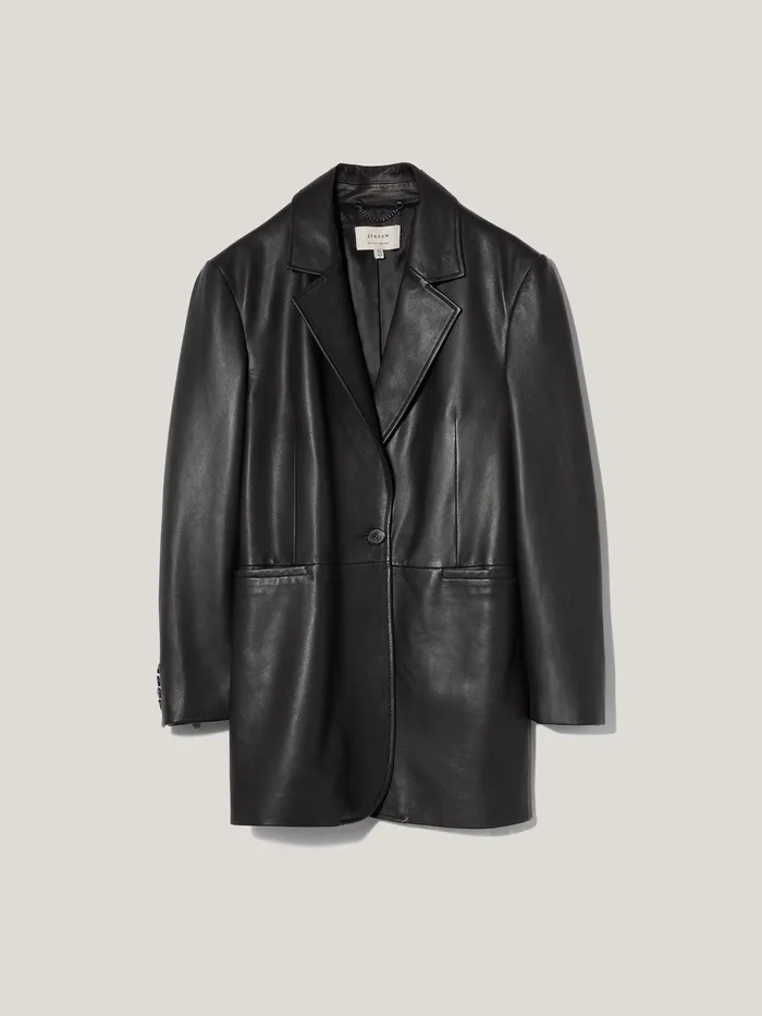 Women Tailored Leather Blazer Black Jigsaw Coats and Jackets