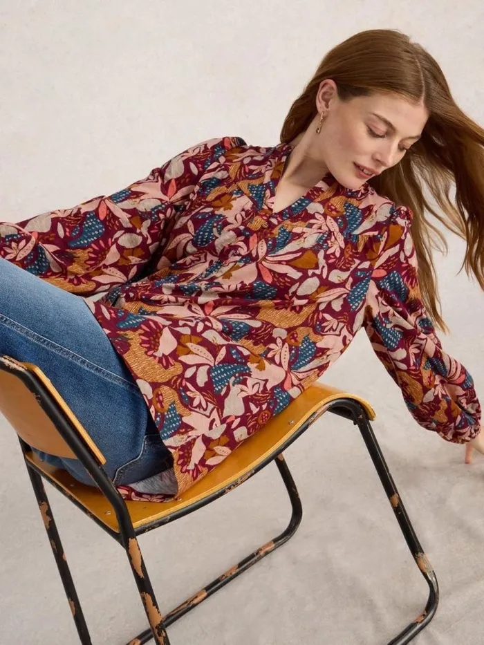 Women TERESA LONGLINE SHIRT Plum Purple Print White Stuff Shirts and Blouses
