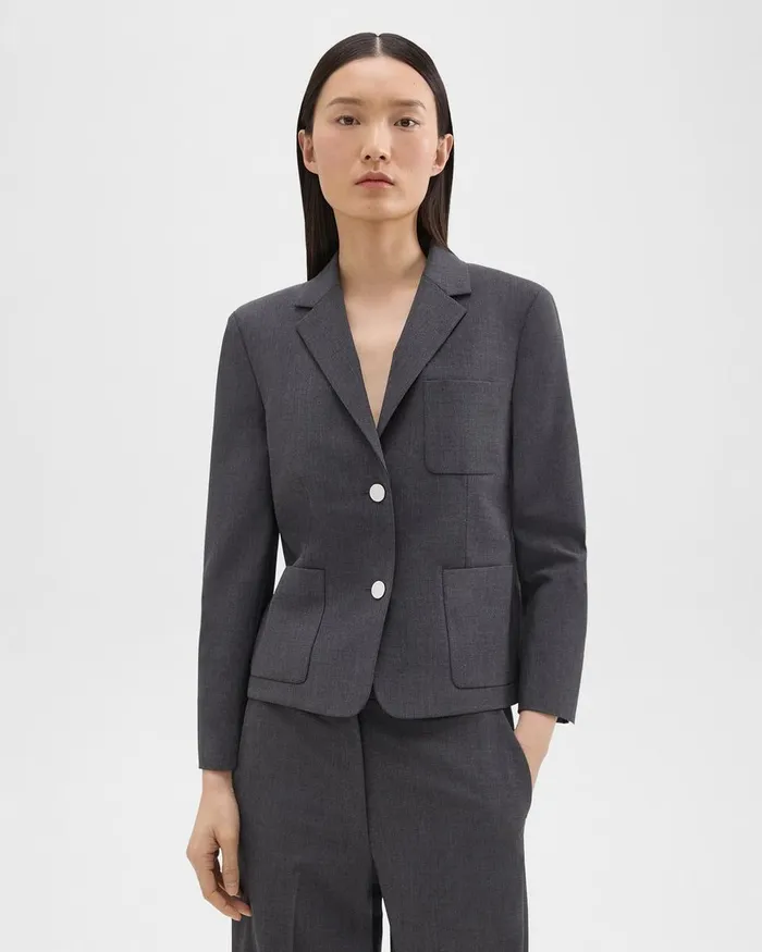 Women Theory Blazers Jackets Boxy Patch Pocket Blazer In Good Wool Charcoal Melange