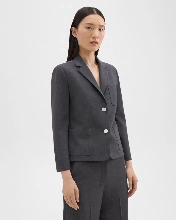 Women Theory Blazers Jackets Boxy Patch Pocket Blazer In Good Wool Charcoal Melange